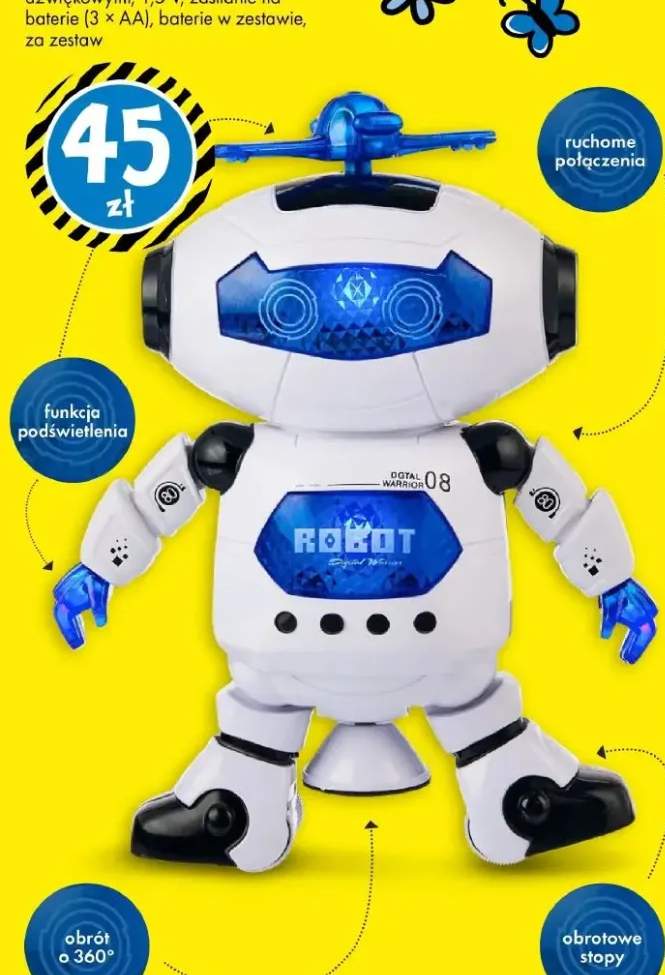 Tańczący robot ok. 21 cm, z funkcją LED i efektami dźwiękowymi, 1,5 V, zasilanie na baterie (3 × AA), baterie w zestawie