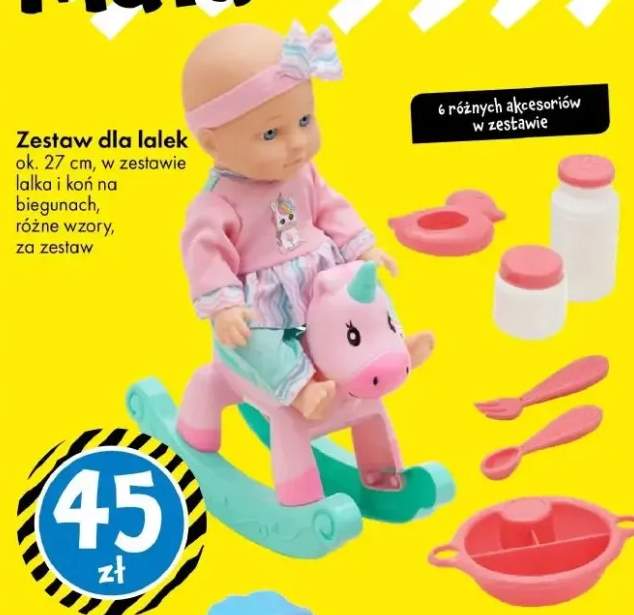 Zestaw dla lalek ok. 27 cm, w zestawie lalka i koń na biegunach, różne wzory