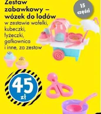 Zestaw zabawkowy - wózek do lodów w zestawie wafelki, kubeczki, łyżeczki, galkownica i inne