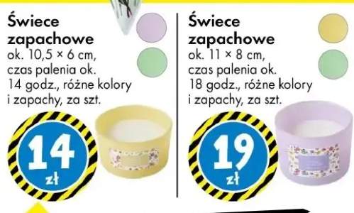 Świece zapachowe ok. 11 × 8 cm, czas palenia ok. 18 godz., różne kolory i zapachy
