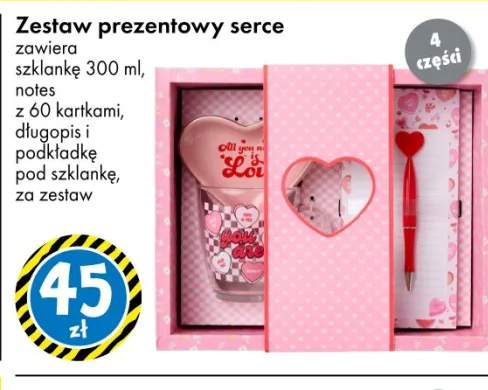 Zestaw prezentowy serce szklanka 300 ml notes długopis i podkładka