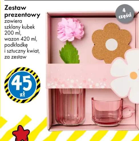 Zestaw prezentowy szklany kubek 200 ml wazon 420 ml podkładka i sztuczny kwiat